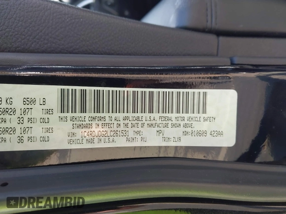 2020 Dodge Durango GT Plus with VIN 1C4RDJDG2LC261531, listed as a IAAI auction lot 41801309 with 88,687 mi miles and . Bid and sale history available at DreamBid. Image 9.