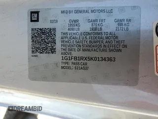 2019 Chevrolet Camaro 1LT z VIN 1G1FB1RX5K0134363, wystawiony jako Copart lot #56253715 z przebiegiem 83 194 mil mil oraz Szkoda całkowita • Salvage title. Historia ofert i sprzedaży dostępna na DreamBid. Obrazek 12.