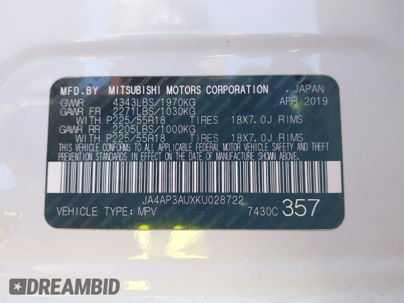2019 Mitsubishi Outlander Sport ES 2.0 with VIN JA4AP3AUXKU028722, listed as a IAAI auction lot 41875610 with 71,728 mi miles. Bid and sale history available at carsss.com. Image 9.