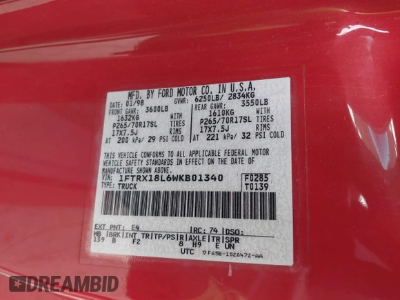 1998 Ford F-150 with VIN 1FTRX18L6WKB01340, listed as a IAAI auction lot 41566198 with 199,223 mi miles and . Bid and sale history available at DreamBid. Image 9.