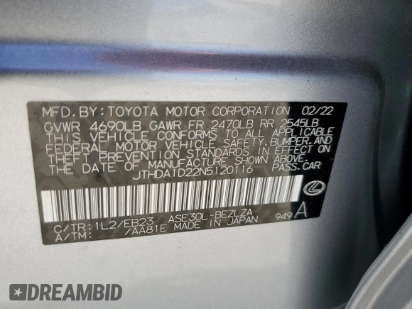 2022 Lexus IS 300 с VIN JTHDA1D22N5120116, выставлен на аукционе Copart как лот 43250735 с пробегом 5 976 миль миль и Списание • Salvage title. История ставок и продаж доступна на DreamBid. Изображение 12.