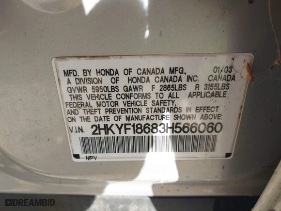 2003 Honda Pilot EX with VIN 2HKYF18683H566060, listed as a IAAI auction lot 42019115 with 182,256 mi miles. Bid and sale history available at carsss.com. Image 9.