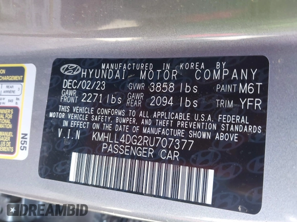 2024 Hyundai Elantra SE with VIN KMHLL4DG2RU707377, listed as a IAAI auction lot 41831258 with 15,364 mi miles and . Bid and sale history available at DreamBid. Image 9.