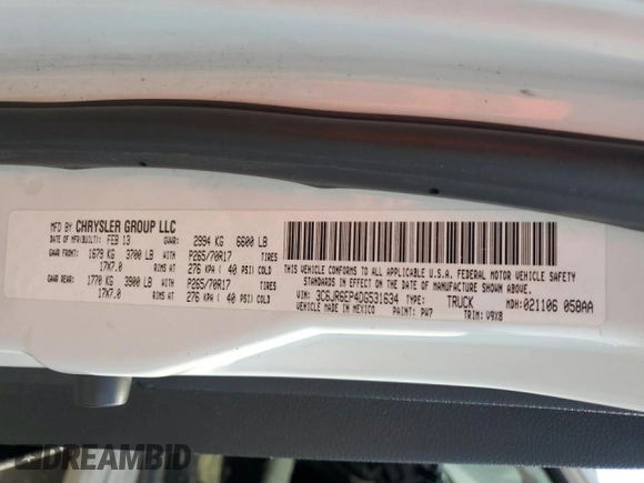 2013 Ram 1500 SLT with VIN 3C6JR6EP4DG531634, listed as a Copart auction lot 46142845 with 279,648 mi miles and Salvage title. Bid and sale history available at DreamBid. Image 14.