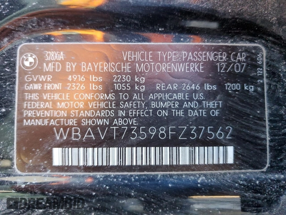 2008 BMW 3 Series 328xi with VIN WBAVT73598FZ37562, listed as a Copart auction lot 48120725 with 137,938 mi miles and Salvage title. Bid and sale history available at DreamBid. Image 12.