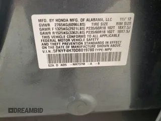 2013 Honda Pilot EX-L с VIN 5FNYF4H70DB019780, выставлен на аукционе Copart как лот 59952875 с пробегом 162 698 миль миль и Чистый • Clean title. История ставок и продаж доступна на DreamBid. Изображение 13.