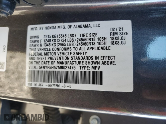 2021 Honda Pilot EX-L with VIN 5FNYF5H57MB027475, listed as a Copart auction lot 42239455 with 66,713 mi miles and Salvage Title. Bid and sale history available at carsss.com. Image 13.