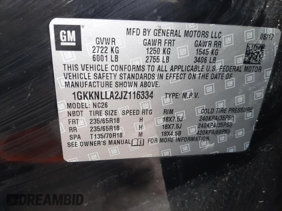 2018 GMC Acadia SLE with VIN 1GKKNLLA2JZ116334, listed as a Copart auction lot 54148522 with 79,060 mi miles and Clean Title. Bid and sale history available at DreamBid. Image 10.