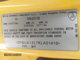2019 Lamborghini Urus z VIN ZPBUA1ZL7KLA01416, wystawiony jako IAAI lot #41680325 z przebiegiem 72 817 mil mil oraz . Historia ofert i sprzedaży dostępna na DreamBid. Obrazek 9.