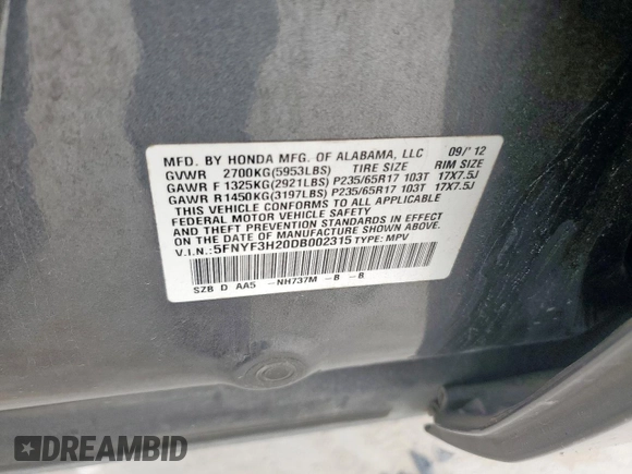 2013 Honda Pilot LX with VIN 5FNYF3H20DB002315, listed as a Copart auction lot 51284405 with 185,043 mi miles and Clean title. Bid and sale history available at DreamBid. Image 14.