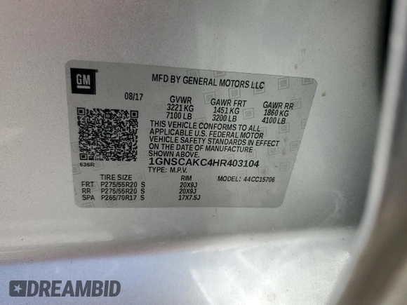 2017 Chevrolet Tahoe LS with VIN 1GNSCAKC4HR403104, listed as a Copart auction lot 57823865 with 185,407 mi miles and Salvage title. Bid and sale history available at DreamBid. Image 13.