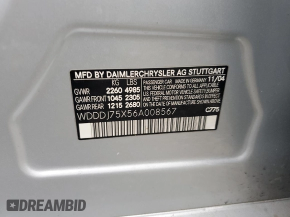2006 Mercedes-Benz CLS 500 with VIN WDDDJ75X56A008567, listed as a Copart auction lot 78233604 with Not Provided miles and Clean Title. Bid and sale history available at DreamBid. Image 12.