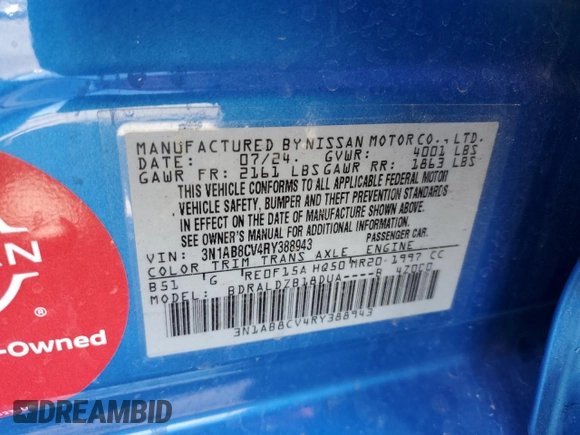 2024 Nissan Sentra SV z VIN 3N1AB8CV4RY388943, wystawiony jako Copart lot #59738925 z przebiegiem 7 596 mil mil oraz Szkoda całkowita • Salvage title. Historia ofert i sprzedaży dostępna na DreamBid. Obrazek 12.
