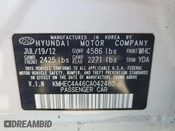 2012 Hyundai Sonata Hybrid with VIN KMHEC4A46CA042480, listed as a Copart auction lot 57020815 with 127,032 mi miles and Clean title. Bid and sale history available at DreamBid. Image 12.
