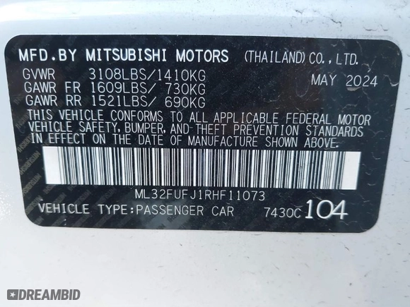 2024 Mitsubishi Mirage G4 ES with VIN ML32FUFJ1RHF11073, listed as a IAAI auction lot 41257148 with 913 mi miles. Bid and sale history available at carsss.com. Image 9.