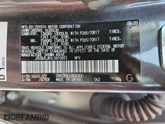 2020 Toyota 4Runner SR5 with VIN JTEBU5JR1L5810893, listed as a Copart auction lot 61157285 with 35,426 mi miles and Salvage title. Bid and sale history available at DreamBid. Image 13.