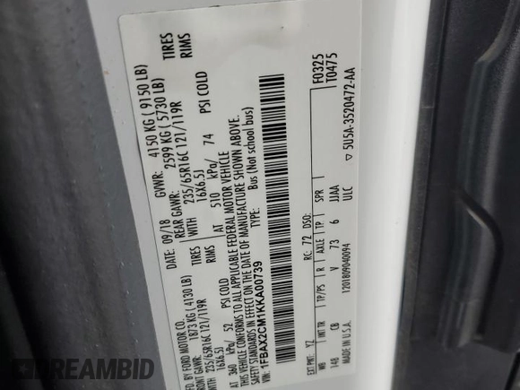 2019 Ford Transit Passenger XL with VIN 1FBAX2CM1KKA00739, listed as a Copart auction lot 58365955 with 52,725 mi miles and Salvage title. Bid and sale history available at DreamBid. Image 14.
