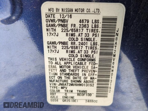 2017 Nissan Rogue S with VIN JN8AT2MV6HW013152, listed as a Copart auction lot 59720365 with 86,825 mi miles and Salvage title. Bid and sale history available at DreamBid. Image 13.