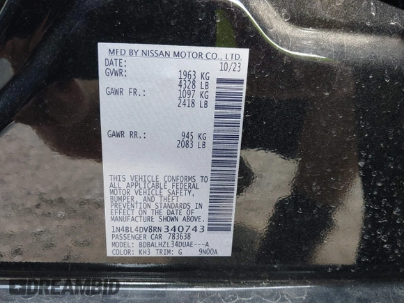 2024 Nissan Altima SV with VIN 1N4BL4DV8RN340743, listed as a IAAI auction lot 41904800 with 15,903 mi miles and . Bid and sale history available at carsss.com. Image 9.