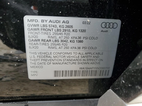2022 Audi SQ5 Premium Plus with VIN WA1B4AFYXN2093700, listed as a Copart auction lot 45274855 with 27,545 mi miles and Clean Title. Bid and sale history available at carsss.com. Image 14.