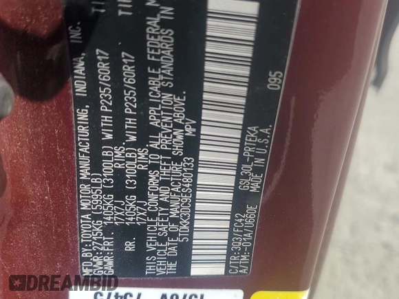2014 Toyota Sienna LE AAS with VIN 5TDKK3DC9ES480133, listed as a Copart auction lot 60547605 with Not provided miles and Salvage title. Bid and sale history available at DreamBid. Image 13.