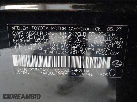 2023 Lexus IS 500 F Sport Performance z VIN JTHAP1D22P5003981, wystawiony jako IAAI lot #42262101 z przebiegiem 13 479 mil mil oraz . Historia ofert i sprzedaży dostępna na DreamBid. Obrazek 9.