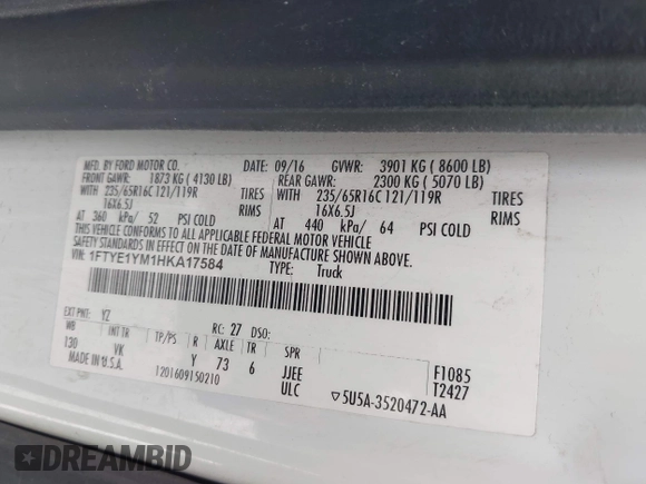 2017 Ford Transit с VIN 1FTYE1YM1HKA17584, выставлен на аукционе IAAI как лот 42282248 с пробегом 188 663 миль миль и . История ставок и продаж доступна на DreamBid. Изображение 9.