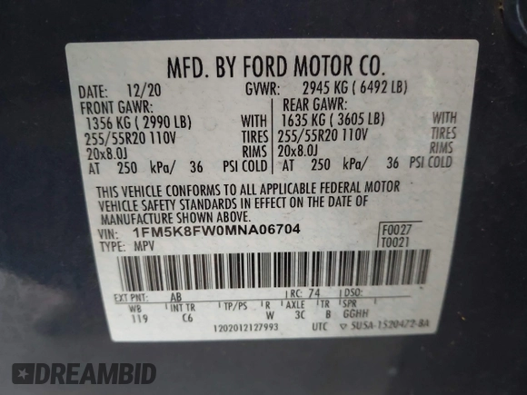 2021 Ford Explorer Limited z VIN 1FM5K8FW0MNA06704, wystawiony jako IAAI lot #42321834 z przebiegiem 51 025 mil mil oraz . Historia ofert i sprzedaży dostępna na DreamBid. Obrazek 9.
