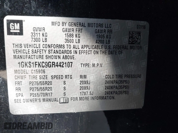 2016 GMC Yukon XL SLE with VIN 1GKS1FKC9GR442107, listed as a IAAI auction lot 41309092 with 130,117 mi miles. Bid and sale history available at carsss.com. Image 9.