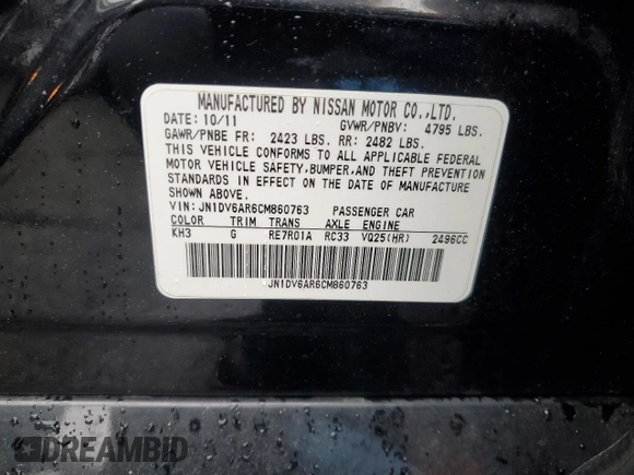 2012 Infiniti G25 x z VIN JN1DV6AR6CM860763, wystawiony jako Copart lot #60118655 z przebiegiem 182 446 mil mil oraz Szkoda całkowita • Salvage title. Historia ofert i sprzedaży dostępna na DreamBid. Obrazek 12.