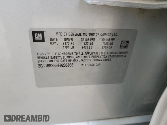 2015 Chevrolet Impala LTZ with VIN 2G1165S39F9235088, listed as a Copart auction lot 53745575 with 129,769 mi miles and Salvage Title. Bid and sale history available at DreamBid. Image 12.