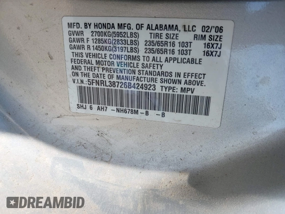 2006 Honda Odyssey EX-L with VIN 5FNRL38726B424923, listed as a IAAI auction lot 42099212 with 171,749 mi miles. Bid and sale history available at carsss.com. Image 9.