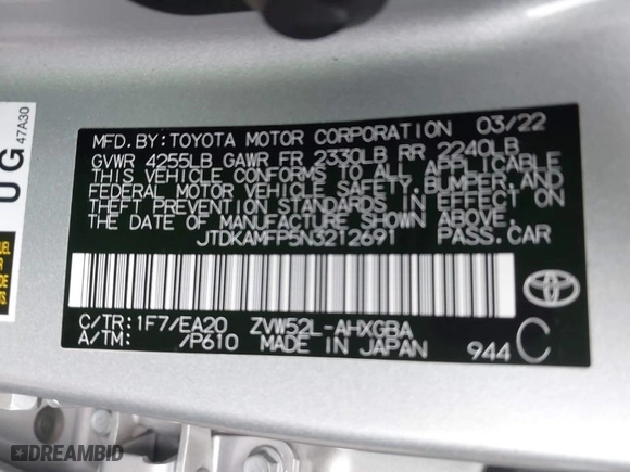 2022 Toyota Prius Prime LE with VIN JTDKAMFP5N3212691, listed as a IAAI auction lot 41443440 with 64,365 mi miles. Bid and sale history available at carsss.com. Image 9.