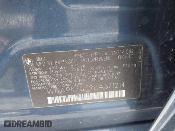 2011 BMW 3 Series 328i xDrive with VIN WBAPK7C59BA821214, listed as a IAAI auction lot 41293463 with 159,226 mi miles. Bid and sale history available at carsss.com. Image 9.