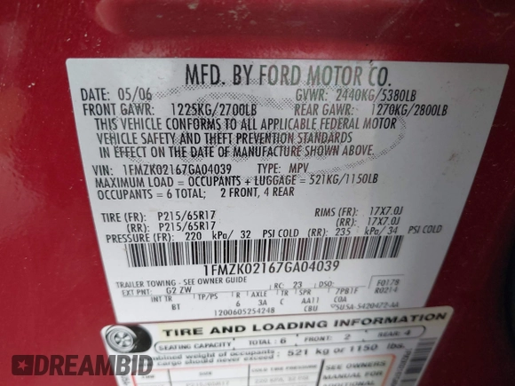 2007 Ford Freestyle SEL with VIN 1FMZK02167GA04039, listed as a IAAI auction lot 41860596 with 154,623 mi miles and . Bid and sale history available at DreamBid. Image 9.