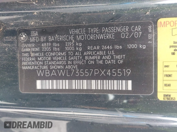 2007 BMW 3 Series 335i with VIN WBAWL73557PX45519, listed as a IAAI auction lot 42162333 with 89,821 mi miles and . Bid and sale history available at DreamBid. Image 9.