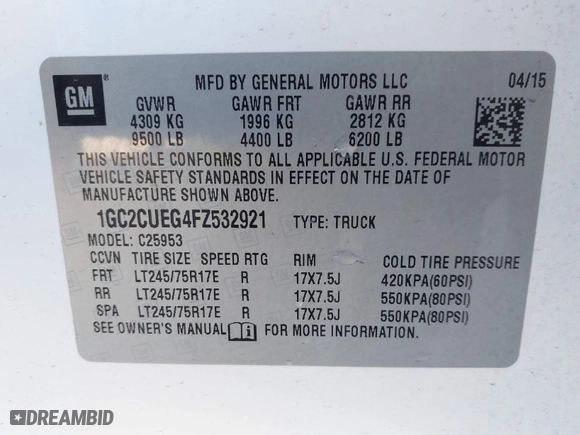 2015 Chevrolet Silverado 2500HD Built After Aug 14 Work Truck with VIN 1GC2CUEG4FZ532921, listed as a IAAI auction lot 41674900 with NaN miles. Bid and sale history available at carsss.com. Image 9.