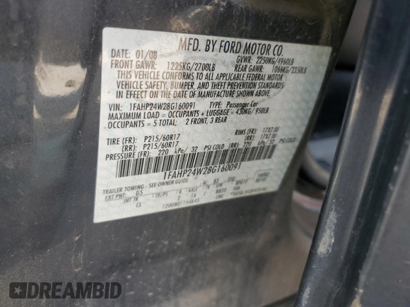 2008 Ford Taurus SEL with VIN 1FAHP24W28G160091, listed as a Copart auction lot 64751215 with 168,954 mi miles and Clean title. Bid and sale history available at DreamBid. Image 12.