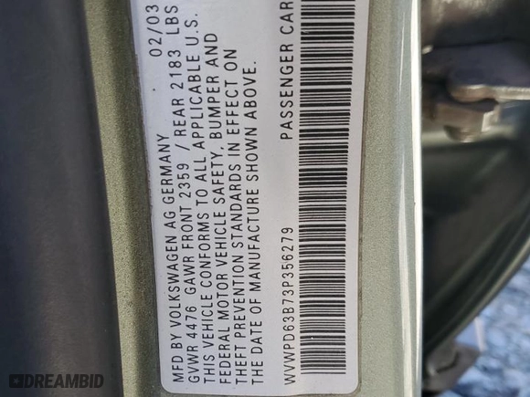 2003 Volkswagen Passat GLS with VIN WVWPD63B73P356279, listed as a Copart auction lot 81892844 with 276,850 mi miles and Salvage Title. Bid and sale history available at carsss.com. Image 12.