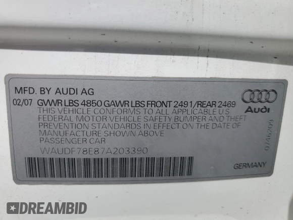 2007 Audi A4 2.0T with VIN WAUDF78E87A203390, listed as a Copart auction lot 56594595 with 122,328 mi miles and Salvage title. Bid and sale history available at DreamBid. Image 12.