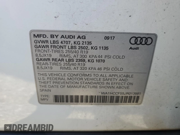 2018 Audi Q3 Premium Plus with VIN WA1HCCFS5JR013581, listed as a Copart auction lot 56422095 with 103,565 mi miles and Salvage title. Bid and sale history available at DreamBid. Image 13.