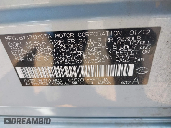 2012 Lexus IS 250 z VIN JTHBF5C27C5167544, wystawiony jako IAAI lot #41917624 z przebiegiem 119 264 mil mil oraz . Historia ofert i sprzedaży dostępna na DreamBid. Obrazek 9.