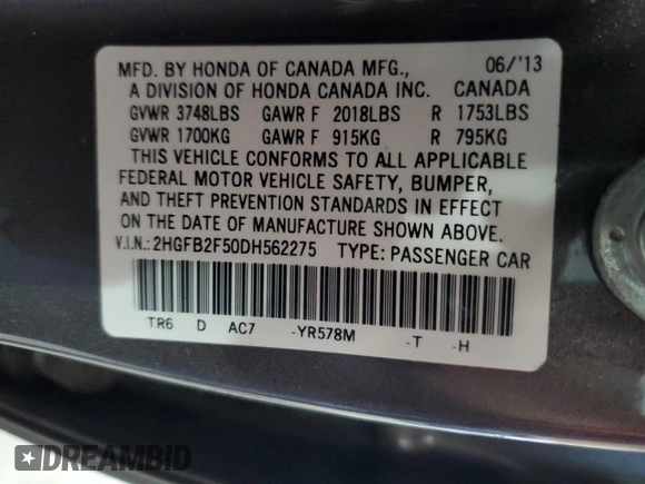 2013 Honda Civic LX с VIN 2HGFB2F50DH562275, выставлен на аукционе Copart как лот 57366155 с пробегом 156 522 миль миль и Списание • Salvage title. История ставок и продаж доступна на DreamBid. Изображение 12.