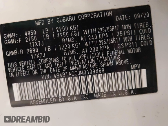 2021 Subaru Outback Premium with VIN 4S4BTACC3M3109869, listed as a IAAI auction lot 42207083 with 34,825 mi miles and . Bid and sale history available at DreamBid. Image 9.