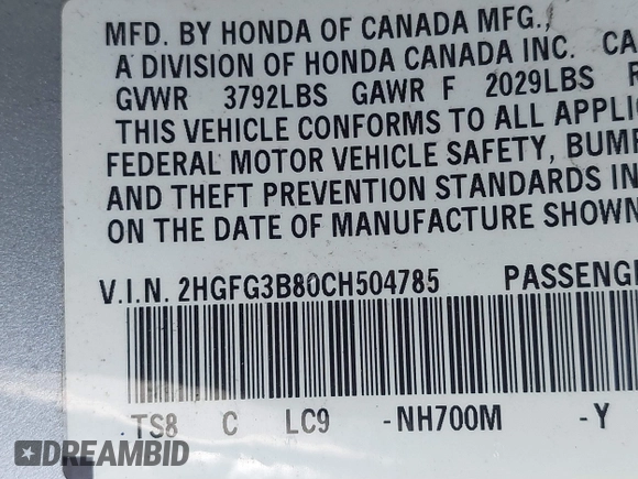 2012 Honda Civic Cpe EX with VIN 2HGFG3B80CH504785, listed as a IAAI auction lot 41651632 with 139,635 mi miles. Bid and sale history available at carsss.com. Image 9.