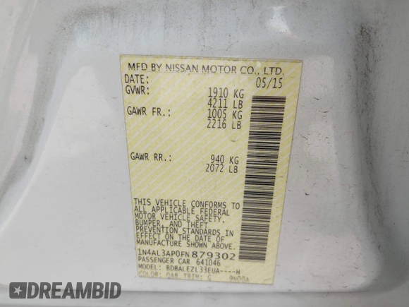 2015 Nissan Altima S with VIN 1N4AL3AP0FN879302, listed as a IAAI auction lot 42134972 with 100,873 mi miles and . Bid and sale history available at DreamBid. Image 9.