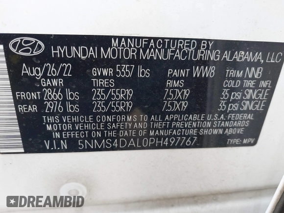 2023 Hyundai Santa Fe Limited with VIN 5NMS4DAL0PH497767, listed as a IAAI auction lot 41578381 with 31,011 mi miles and . Bid and sale history available at DreamBid. Image 9.