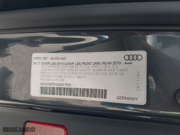 2018 Audi A5 Sportback Prestige with VIN WAUCNCF53JA021632, listed as a IAAI auction lot 41618447 with 85,713 mi miles. Bid and sale history available at carsss.com. Image 9.