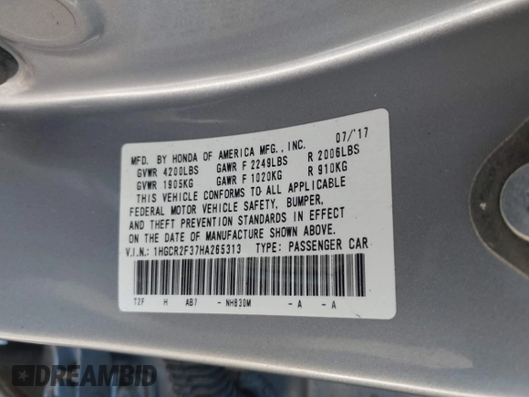 2017 Honda Accord LX with VIN 1HGCR2F37HA265313, listed as a IAAI auction lot 41880745 with 113,192 mi miles. Bid and sale history available at carsss.com. Image 9.