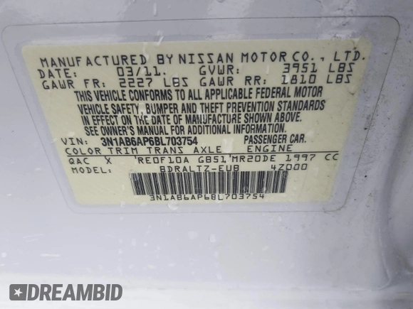2011 Nissan Sentra SR with VIN 3N1AB6AP6BL703754, listed as a IAAI auction lot 41721630 with 203,676 mi miles and . Bid and sale history available at DreamBid. Image 9.